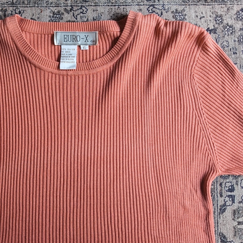 Euro X Vintage 100% Silk Natural Fibers Ribbed Short Sleeve In Peachy Salmon